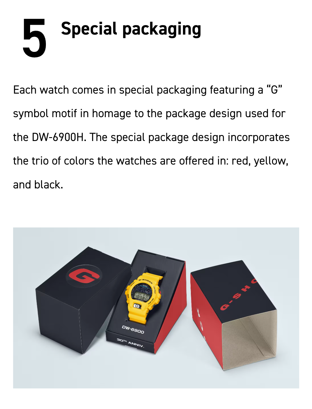 Special packaging for watches with 'G' symbol and color scheme on a light gray background