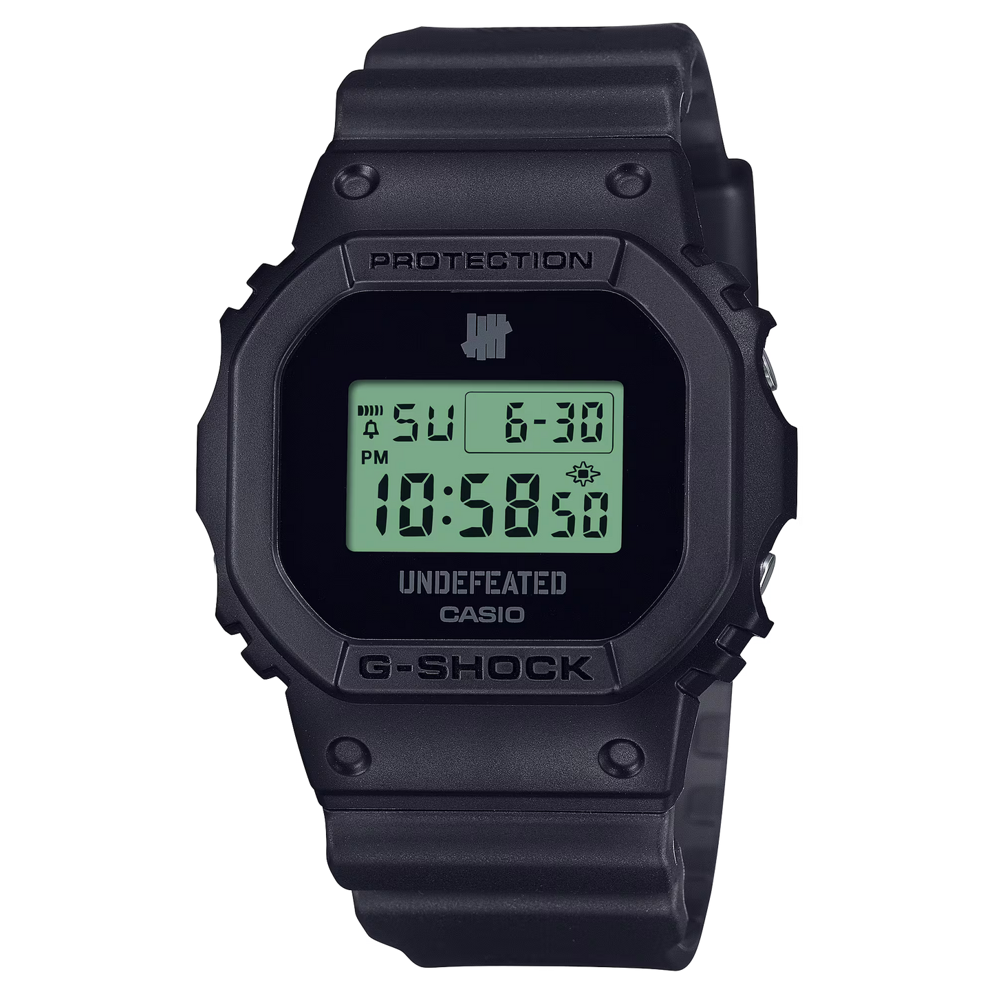Casio G-SHOCK DWE5600UD-1 UNDEFEATED collaboration model with matte black Carbon Core Guard case, semi-translucent resin band featuring UNDEFEATED logo, green LCD display, engraved caseback, and special packaging. Includes two interchangeable camouflage straps (tiger camo, storm camo). Features shock resistance, mineral glass, 200m water resistance, LED Super Illuminator backlight, stopwatch, countdown timer, alarms, flash alert, auto-calendar, and ±15 sec/month accuracy. Case size 48.9 × 43.8 × 13.7 mm, we
