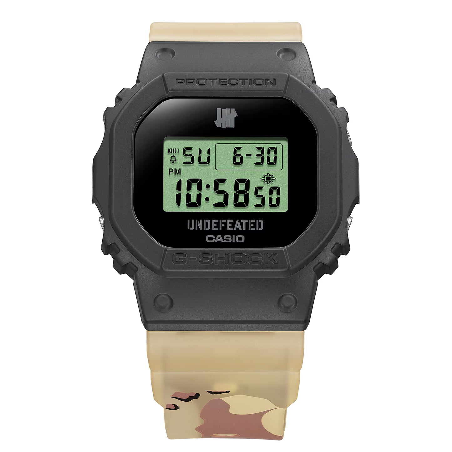 Digital watch with a black case and beige strap on a white background