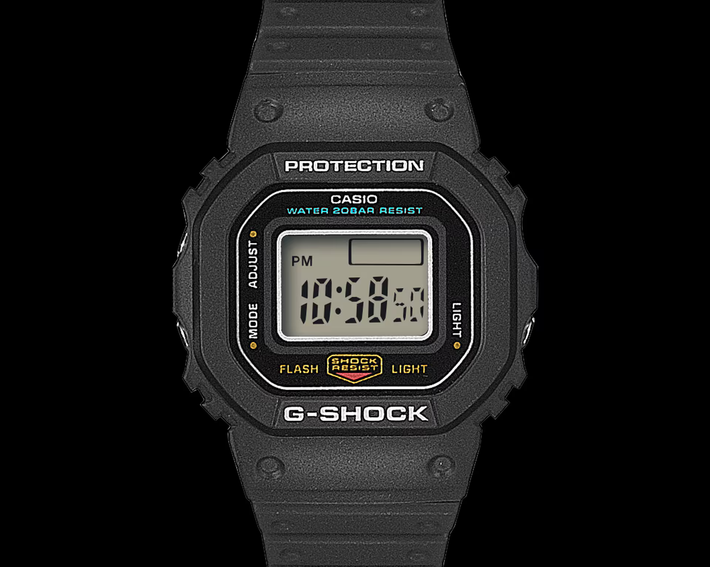 Black Casio G-Shock digital watch on a white background