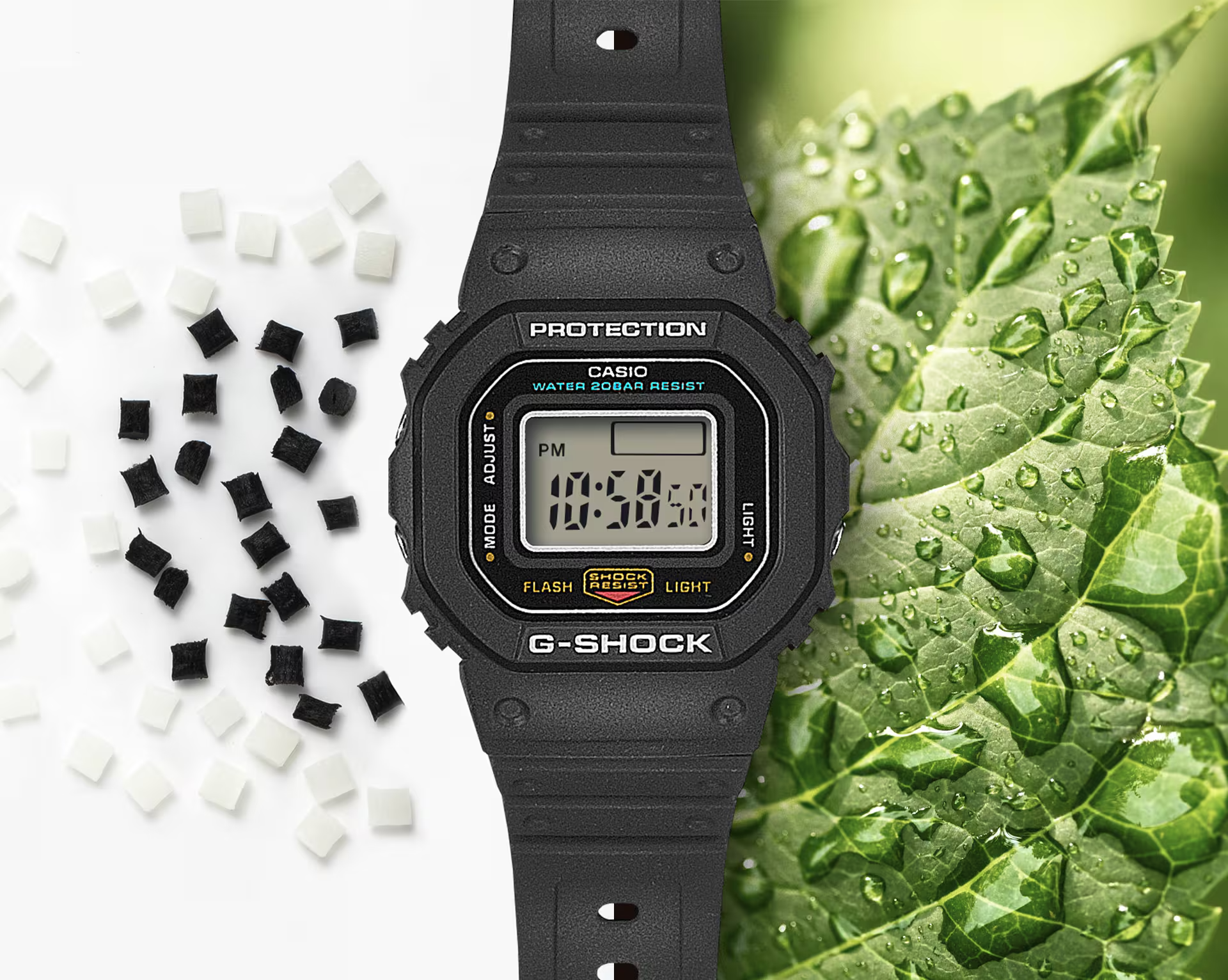 Black Casio G-Shock digital watch with a green leaf background