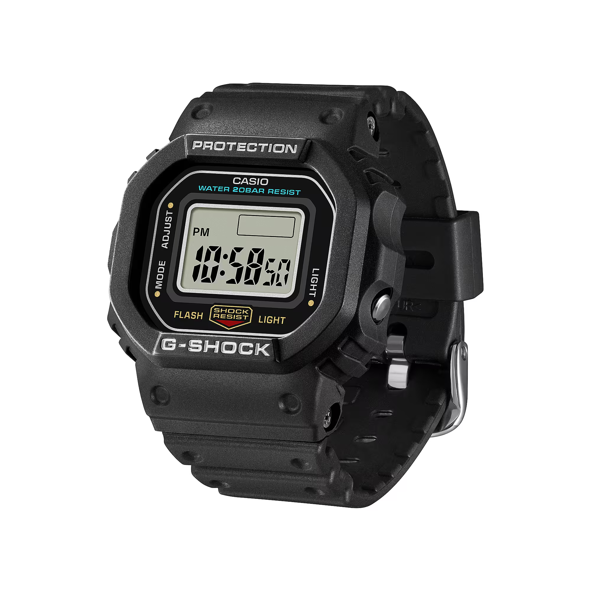 Black Casio G-Shock digital watch on a white background