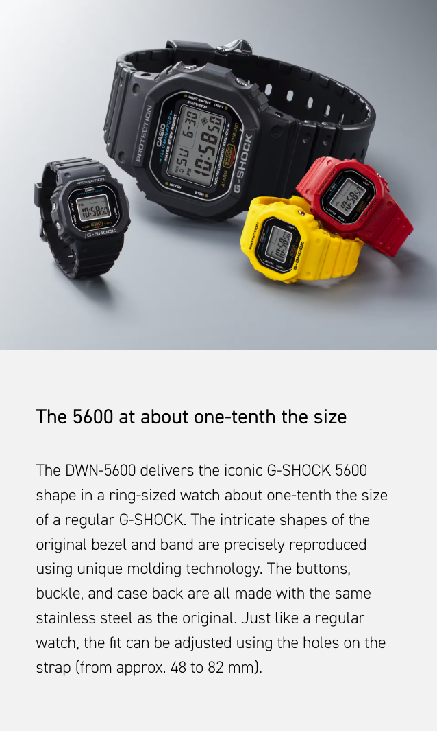 Four G-Shock watches in black, red, yellow, and blue on a gray background with text about the DWN-5600 model.