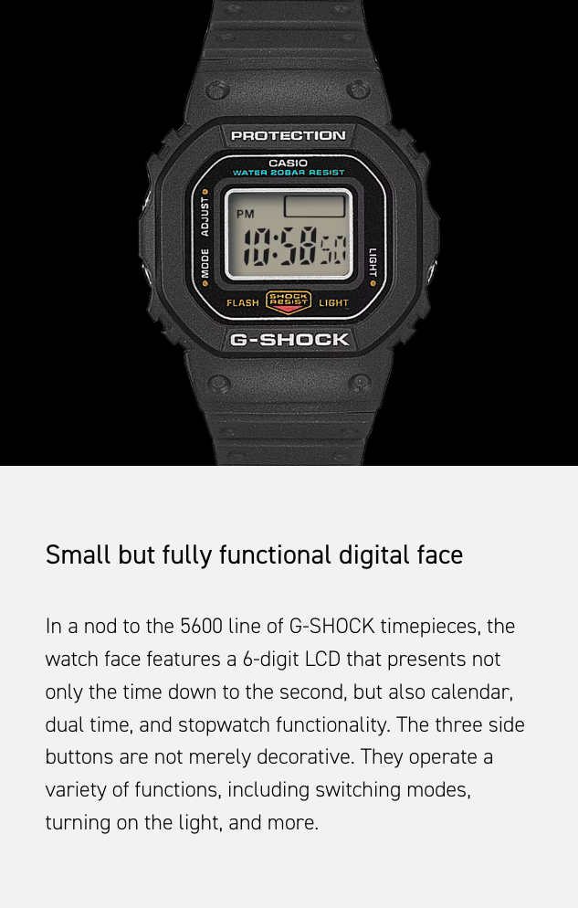 Digital Casio G-Shock watch with text on a black background