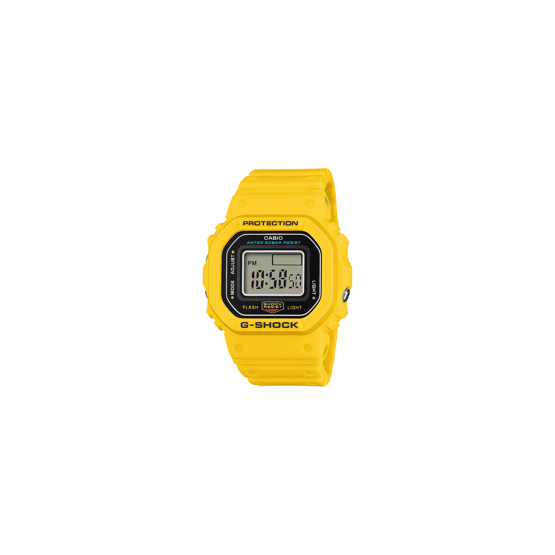 Casio G-SHOCK Nano DWN5600-9 miniature watch. 1/10-scale yellow version of the DW-5600 made from sustainable bio-based resin. Compact 23.4 × 20 × 7.5 mm case weighing 6 g. Features LED backlight with time flash, dual time, stopwatch, and auto-calendar. Shock resistant and 200-meter water resistant. Includes silicone display stand and approx. 2-year SR621SW battery.