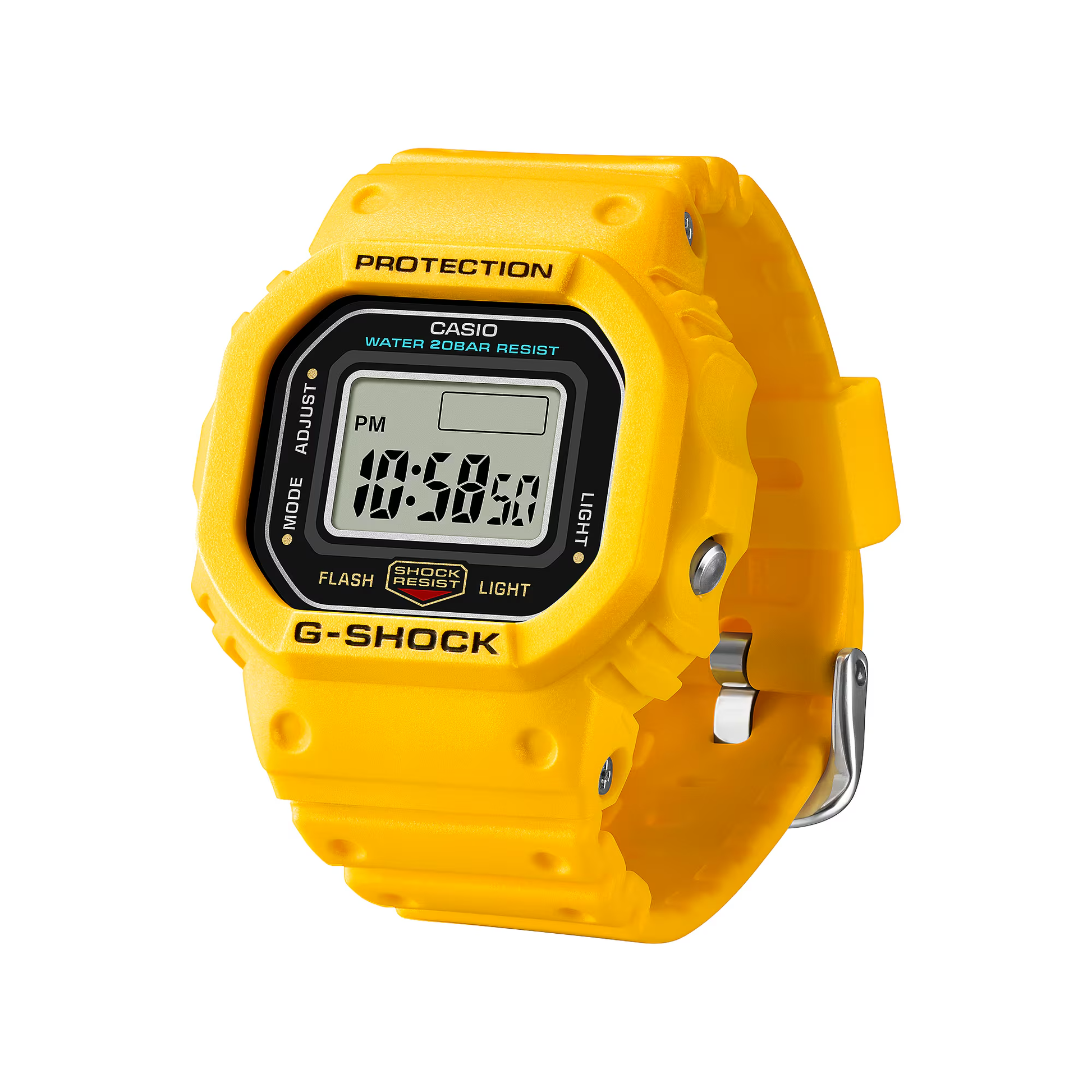 Yellow Casio G-Shock digital watch on a white background