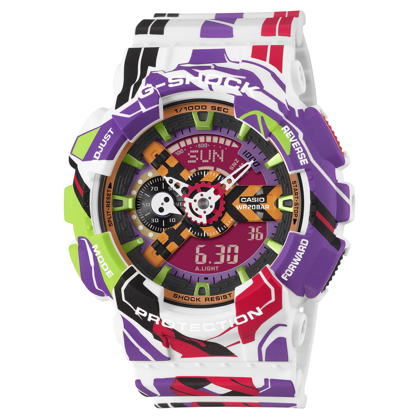 Colorful Casio watch with a white strap on a white background