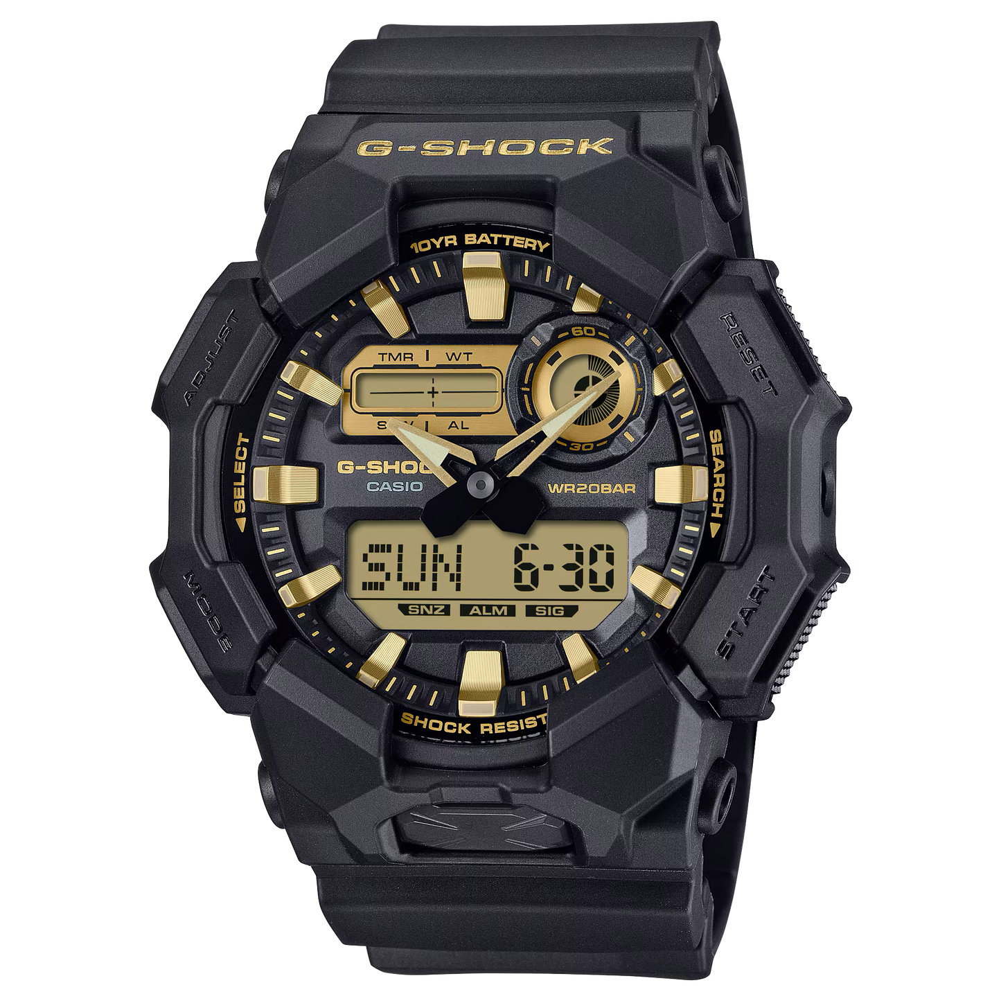 Casio G-SHOCK GA010GB-1A9 – bold black-and-gold analog-digital watch with carbon core guard, bio-based resin case and band, 200m water resistance, 10-year battery, and Super Illuminator LED light.