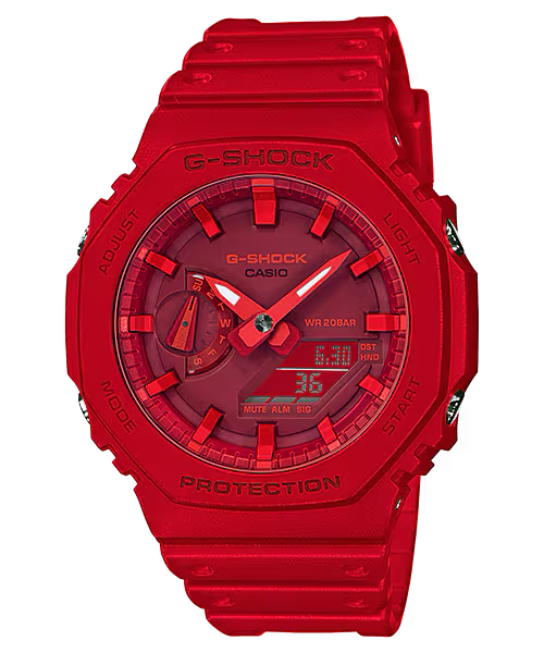Casio G-Shock GA2100-4A watch in bold red with carbon core guard structure, octagonal bezel, analog-digital display, and resin band