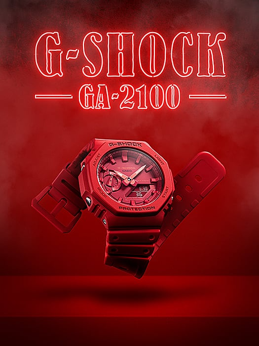 Casio G-Shock GA2100-4A watch in bold red with carbon core guard structure, octagonal bezel, analog-digital display, and resin band