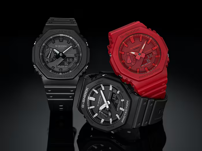 Casio G-Shock GA2100-4A watch in bold red with carbon core guard structure, octagonal bezel, analog-digital display, and resin band