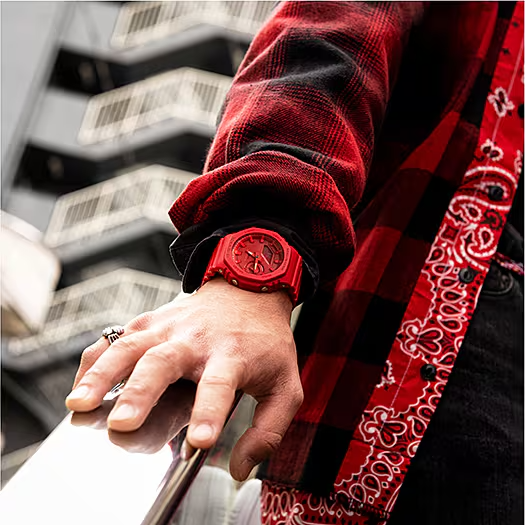 Casio G-Shock GA2100-4A watch in bold red with carbon core guard structure, octagonal bezel, analog-digital display, and resin band