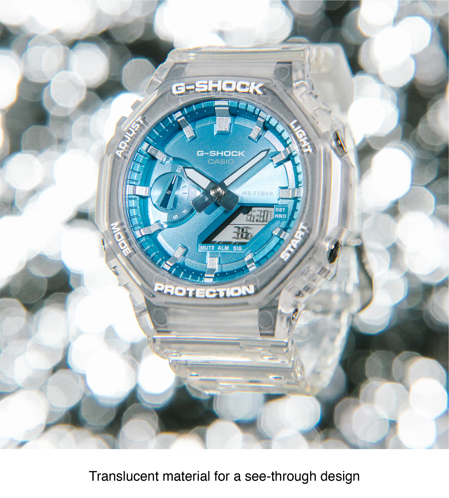 Casio G-Shock GA2100BM-7A2 watch with translucent resin case and band, metallic sky-blue dial, octagonal bezel, and Carbon Core Guard construction