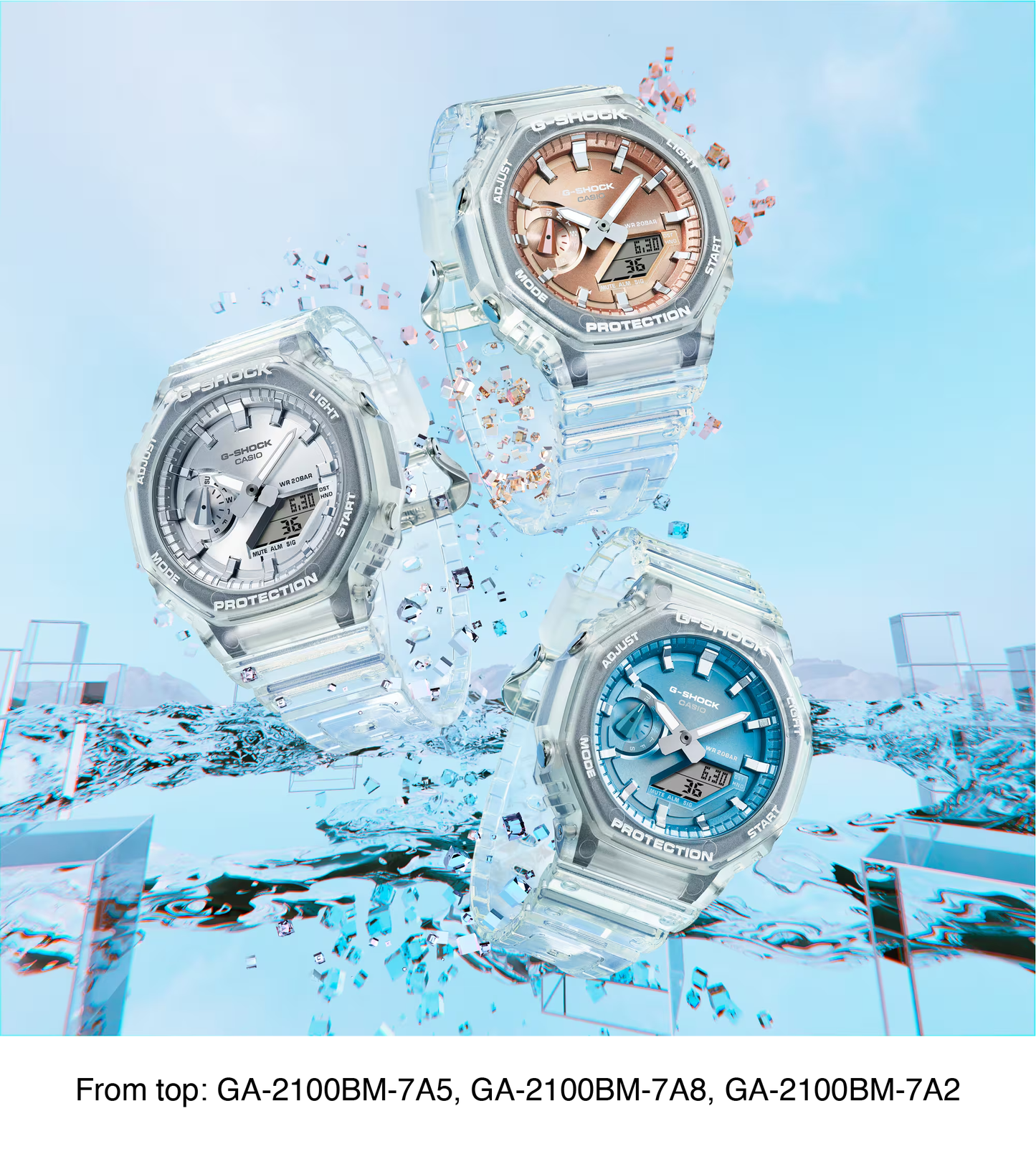 Casio G-Shock GA2100BM-7A2 watch with translucent resin case and band, metallic sky-blue dial, octagonal bezel, and Carbon Core Guard construction