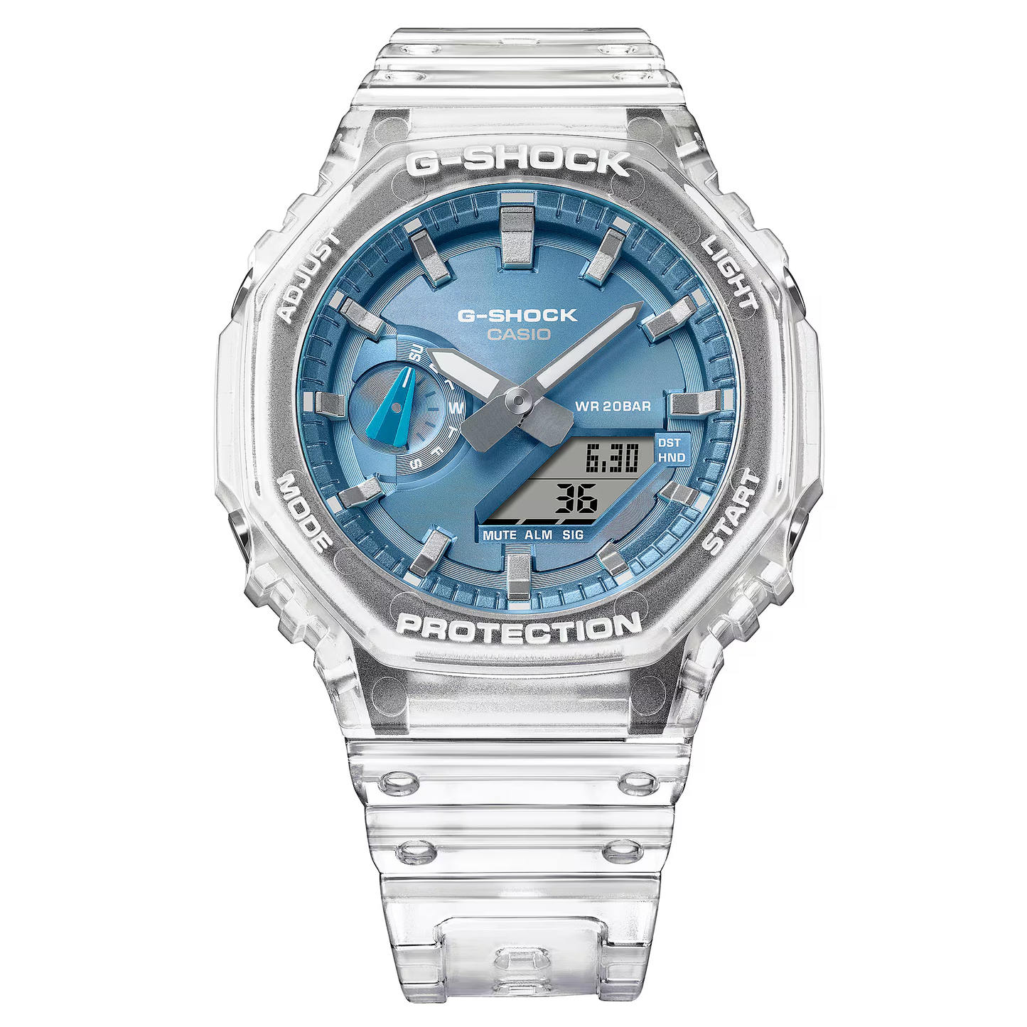 Casio G-Shock GA2100BM-7A2 watch with translucent resin case and band, metallic sky-blue dial, octagonal bezel, and Carbon Core Guard construction