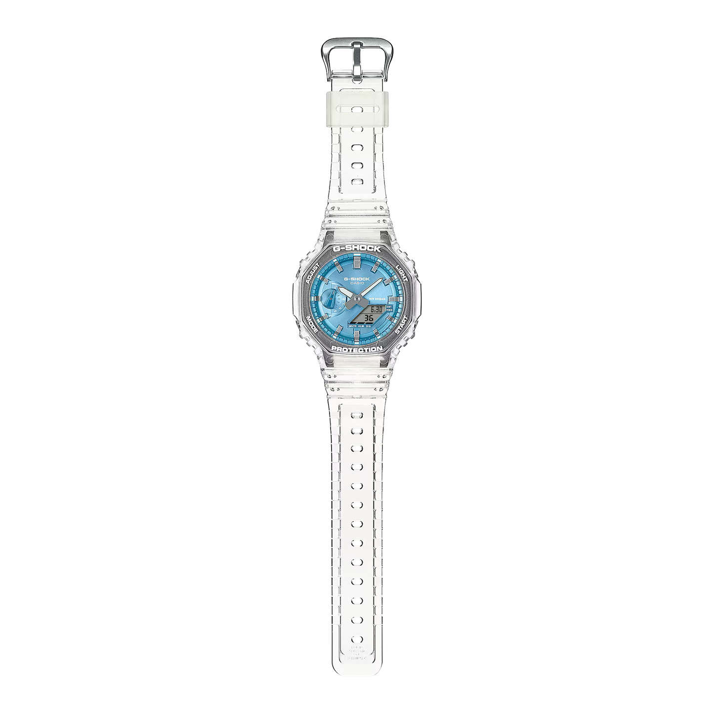 Casio G-Shock GA2100BM-7A2 watch with translucent resin case and band, metallic sky-blue dial, octagonal bezel, and Carbon Core Guard construction