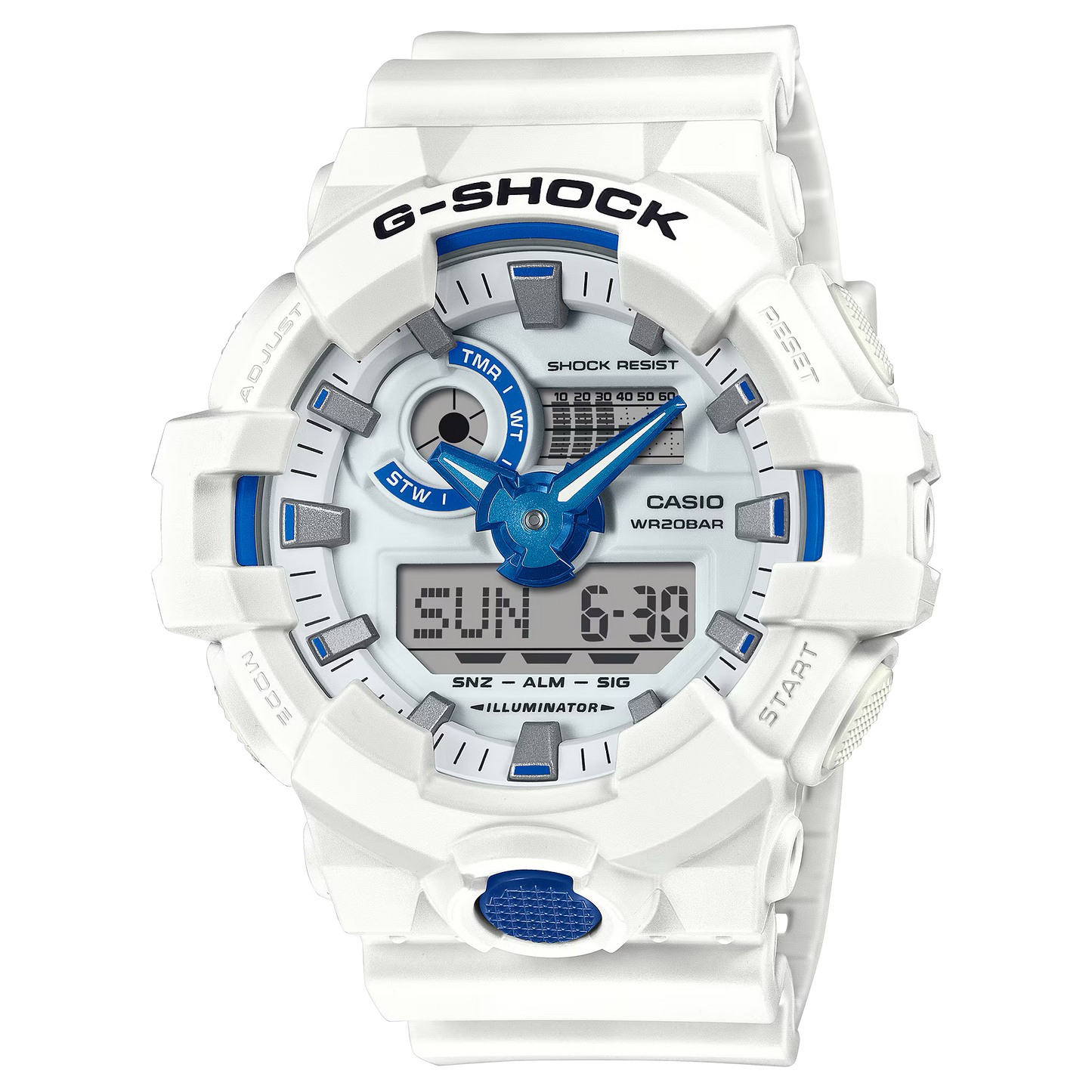Casio G-SHOCK GA700HDS-7A with oversized white resin case, shimmering blue phosphorescent dial that glows in the dark, shock-resistant build, 200m water resistance, and Super Illuminator LED light.