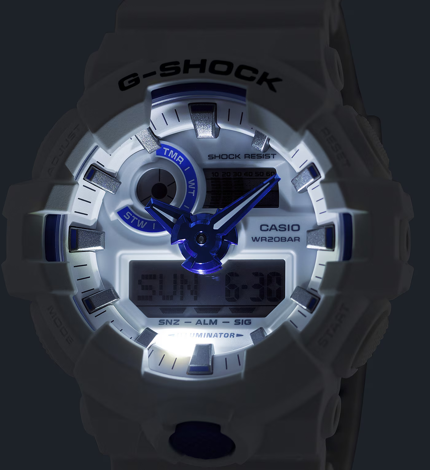 Casio G-Shock watch with blue accents on a dark background