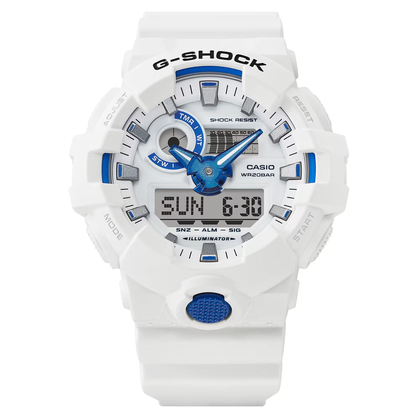 White G-Shock watch with blue accents on a white background