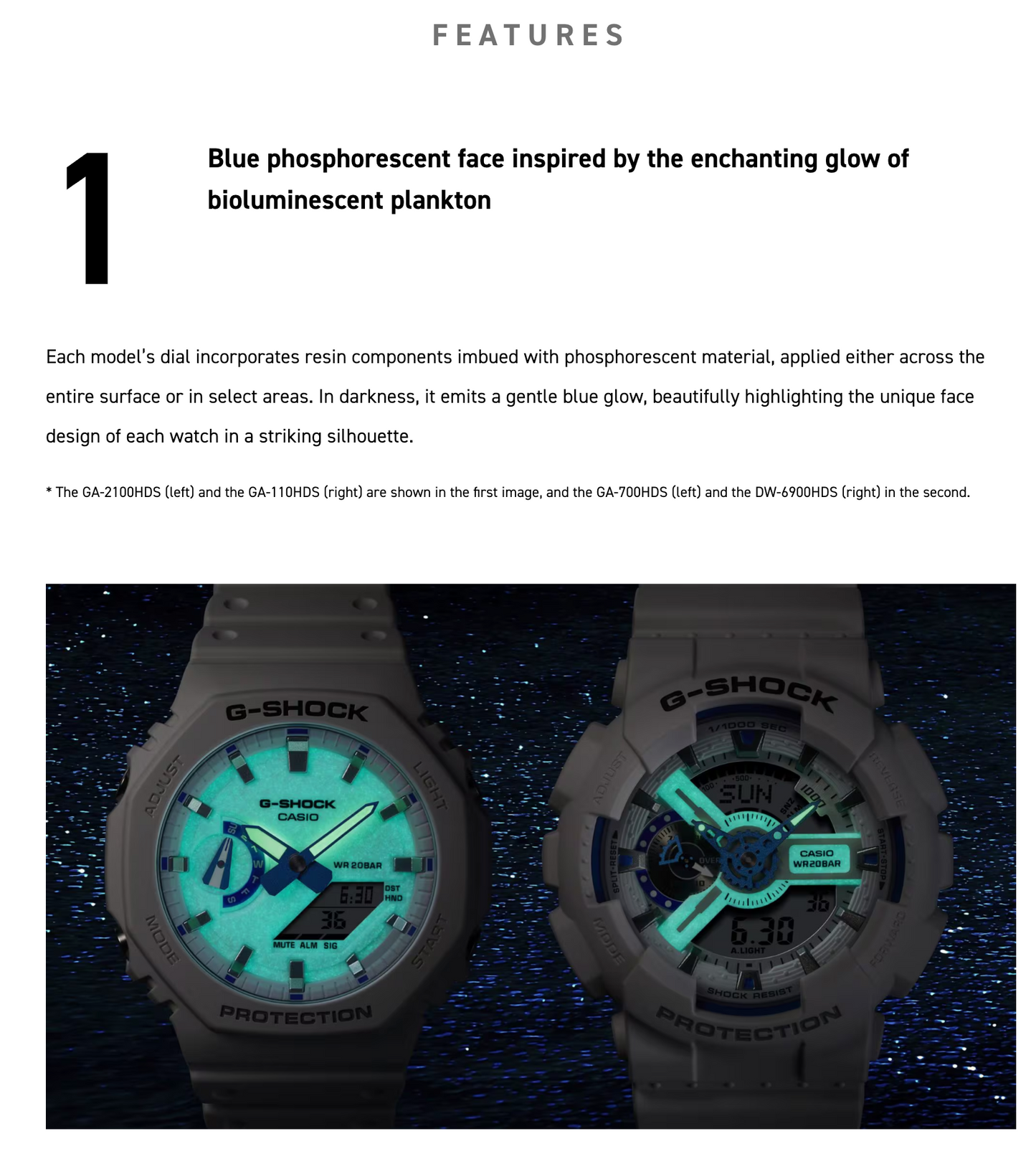 G-Shock watch with blue phosphorescent face on a dark background