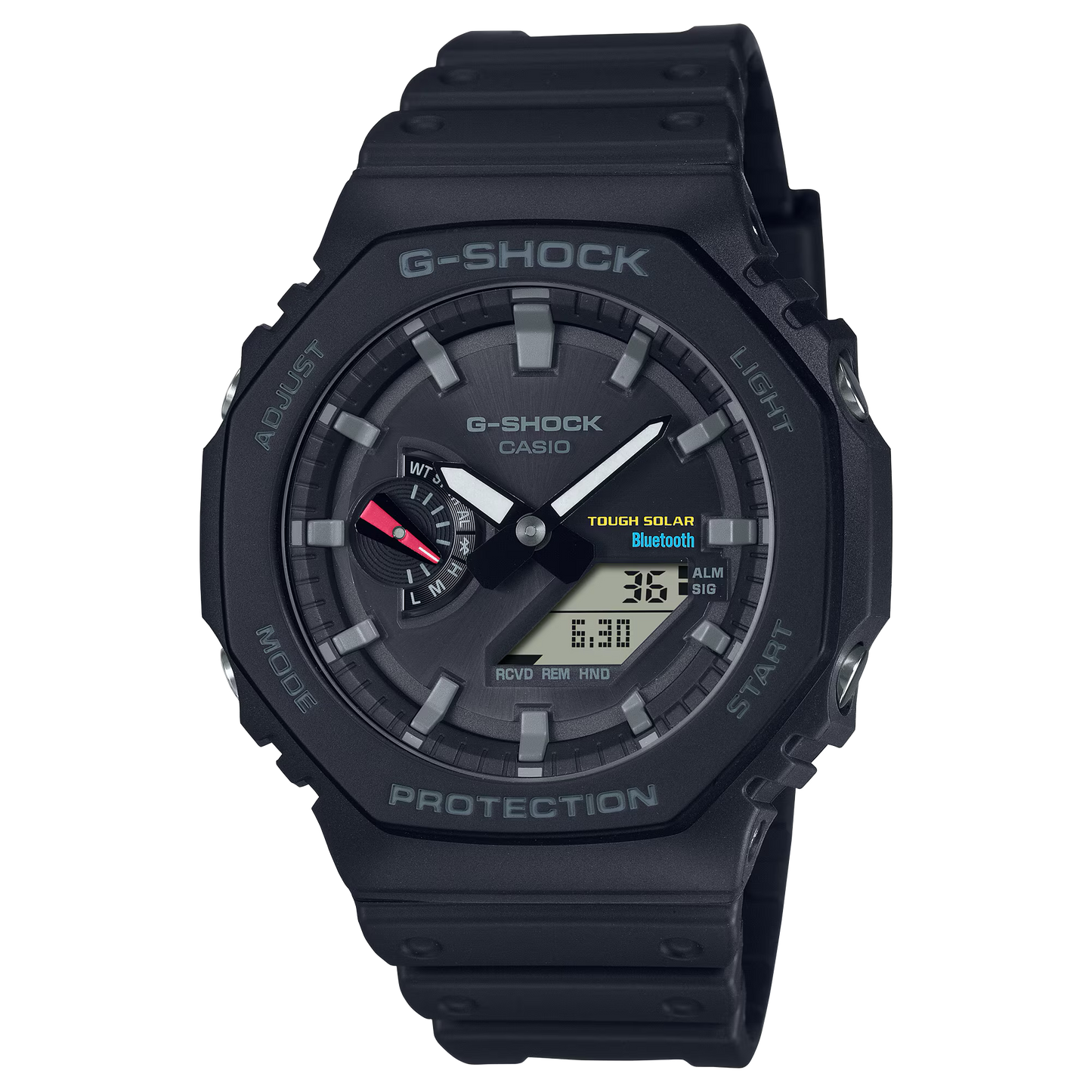 Casio G-SHOCK GAB2100-1A – black octagonal 2100 Series watch with carbon core guard, resin band, Tough Solar power, Bluetooth connectivity, and 200m water resistance.