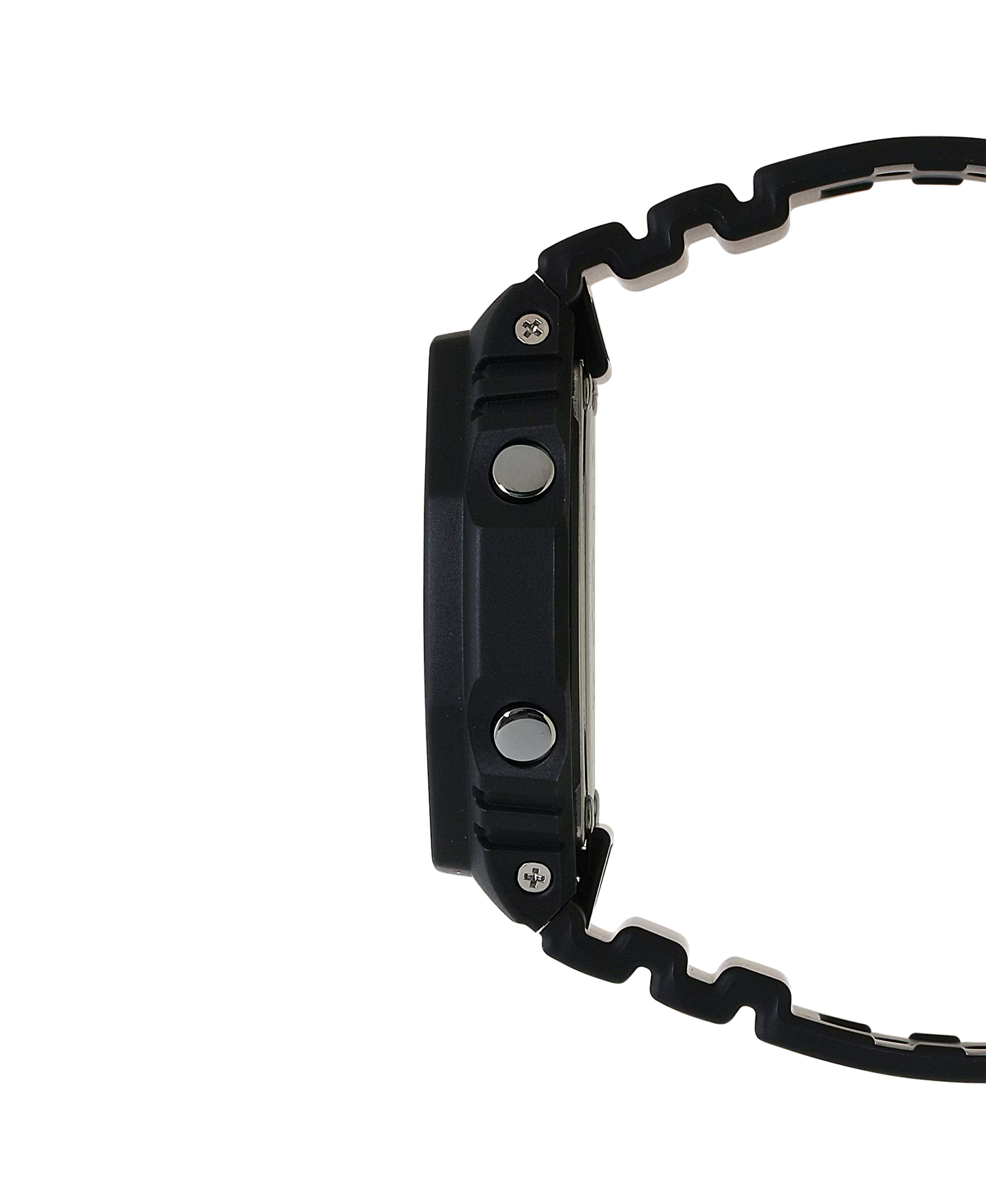 Close-up of a black watch strap on a white background
