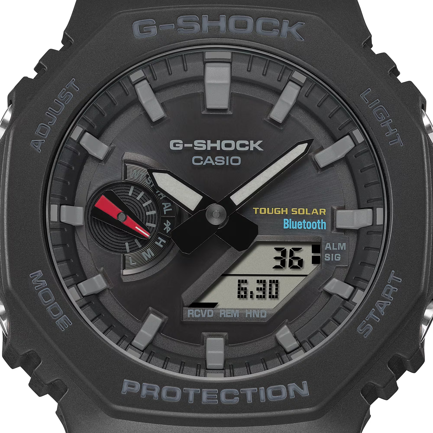 Black Casio G-Shock watch with digital and analog display on a white background
