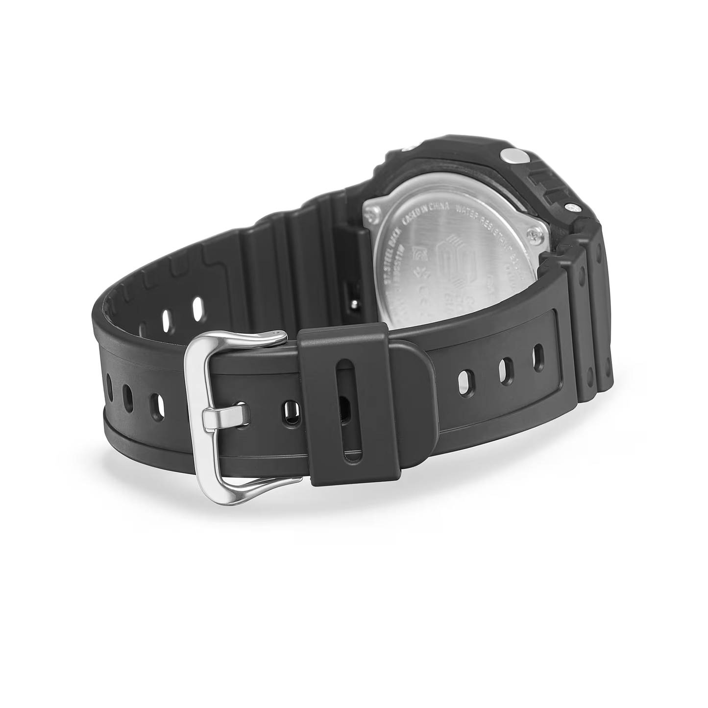 Black wristwatch with a silver buckle on a white background