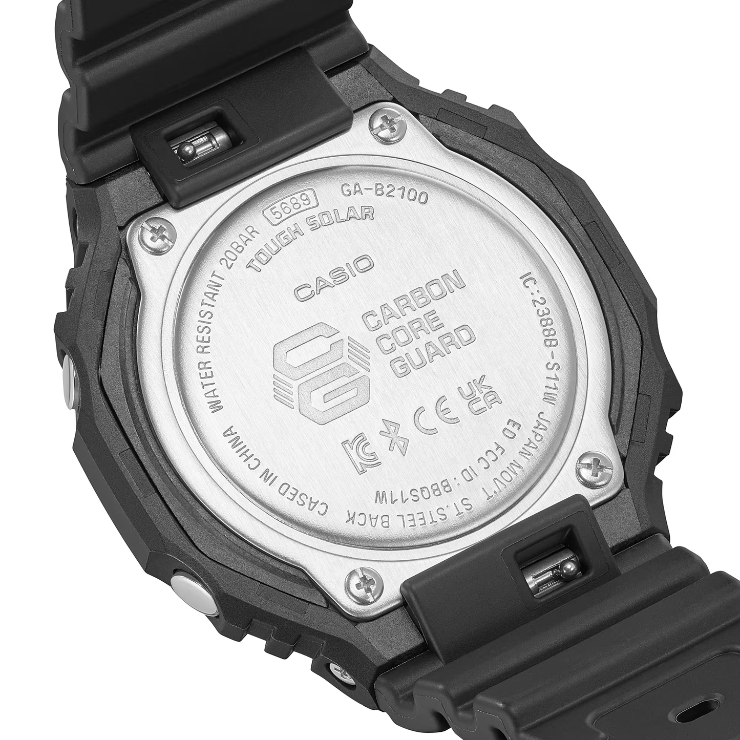 Back view of a Casio watch with 'Carbon Core Guard' feature on a white background