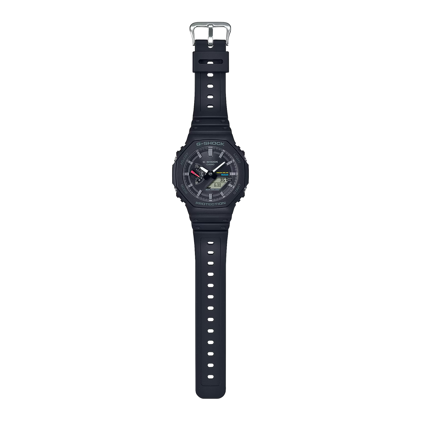Black Casio watch with digital display on a white background