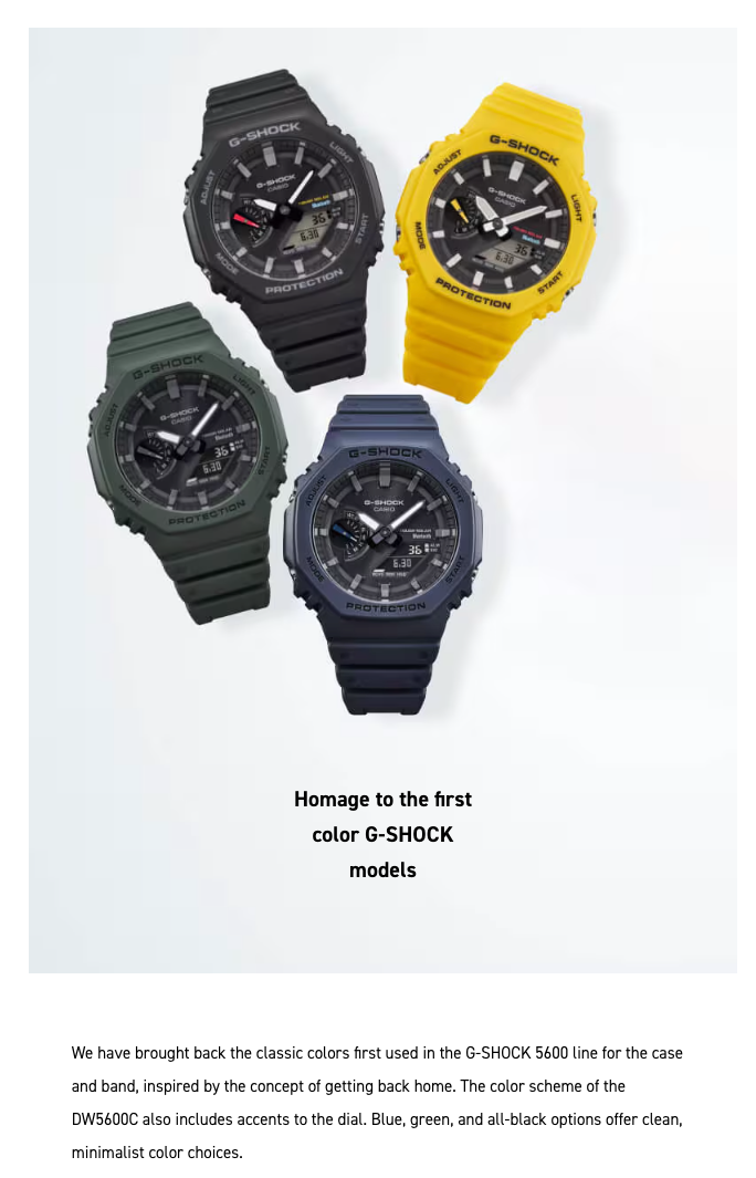 Four G-SHOCK watches in black, green, blue, and yellow on a light gray background.