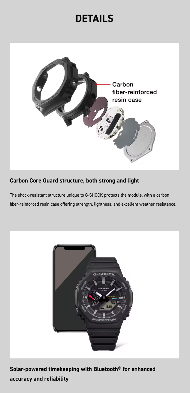 Watch with carbon fiber-reinforced resin case and solar-powered timekeeping with Bluetooth feature.