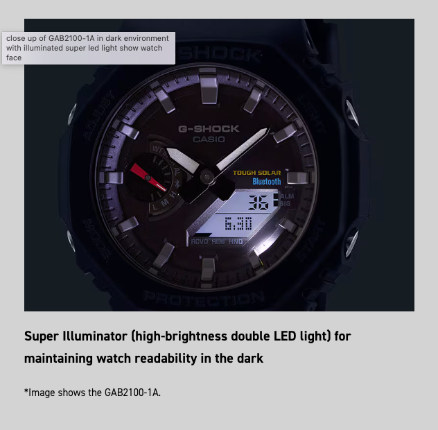 G-Shock Casio watch with illuminated face in dark environment