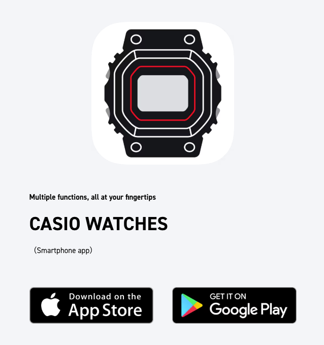Casio watch app promotion with app store and Google Play download buttons on a white background