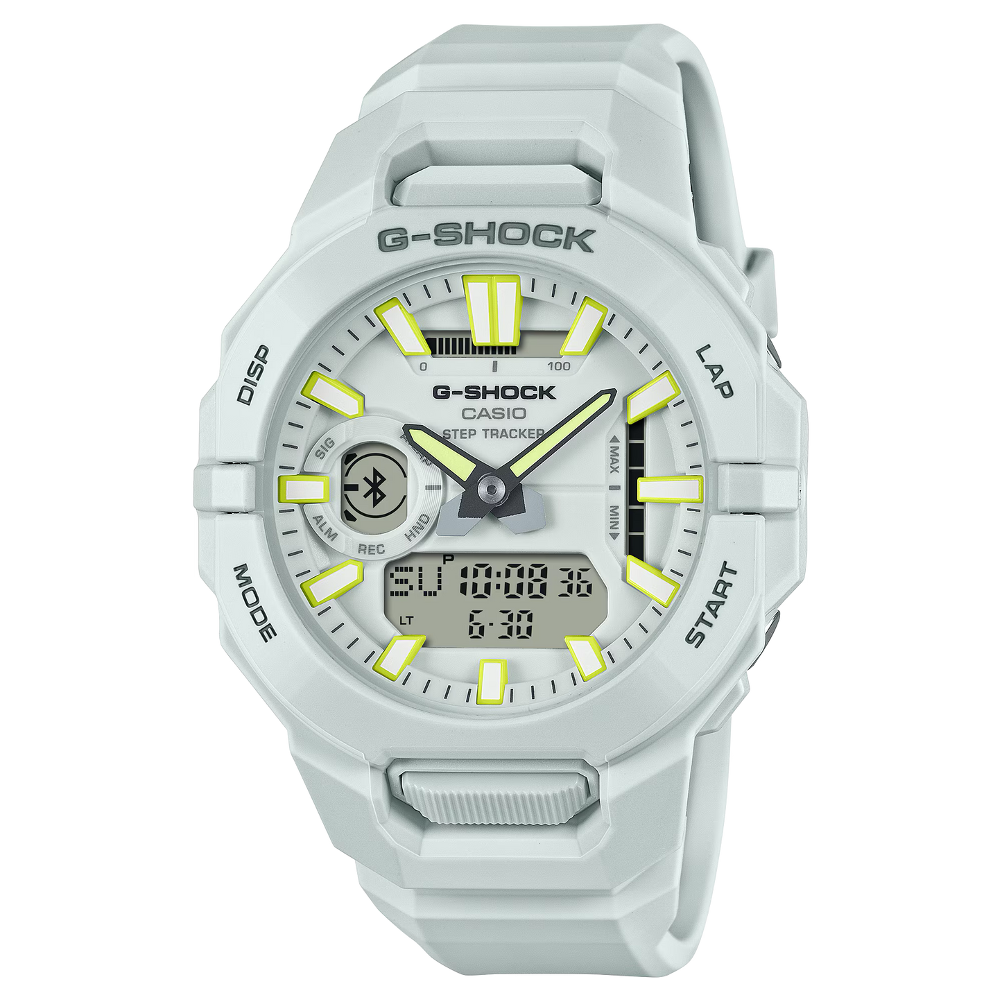 Casio G-SHOCK GBA950-7A MOVE series – white bio-based resin case and origami-engineered band, carbon-reinforced structure, Bluetooth® fitness tracking, dual time display, and 200m water resistance.