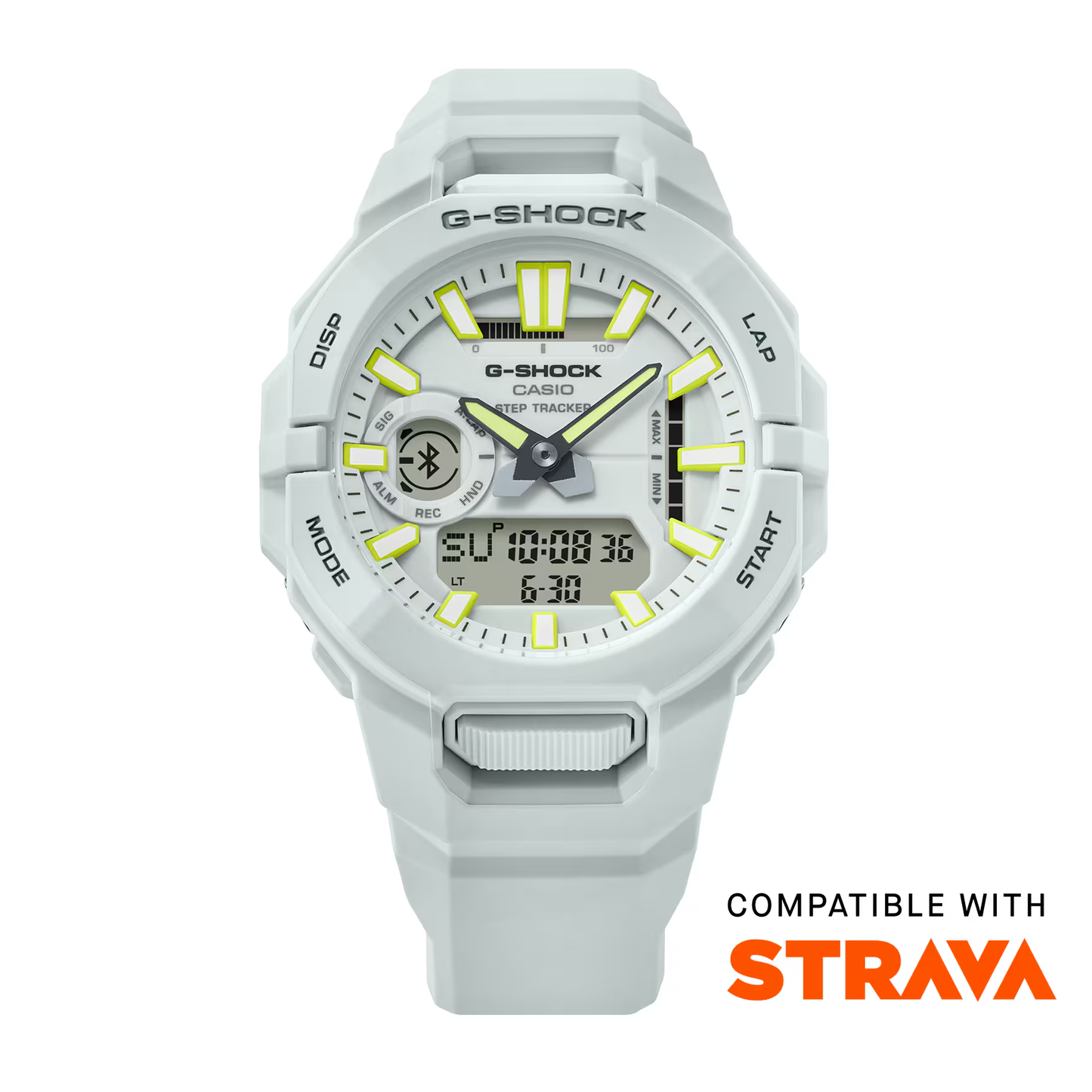 White G-Shock watch with yellow accents on a white background, compatible with Strava.