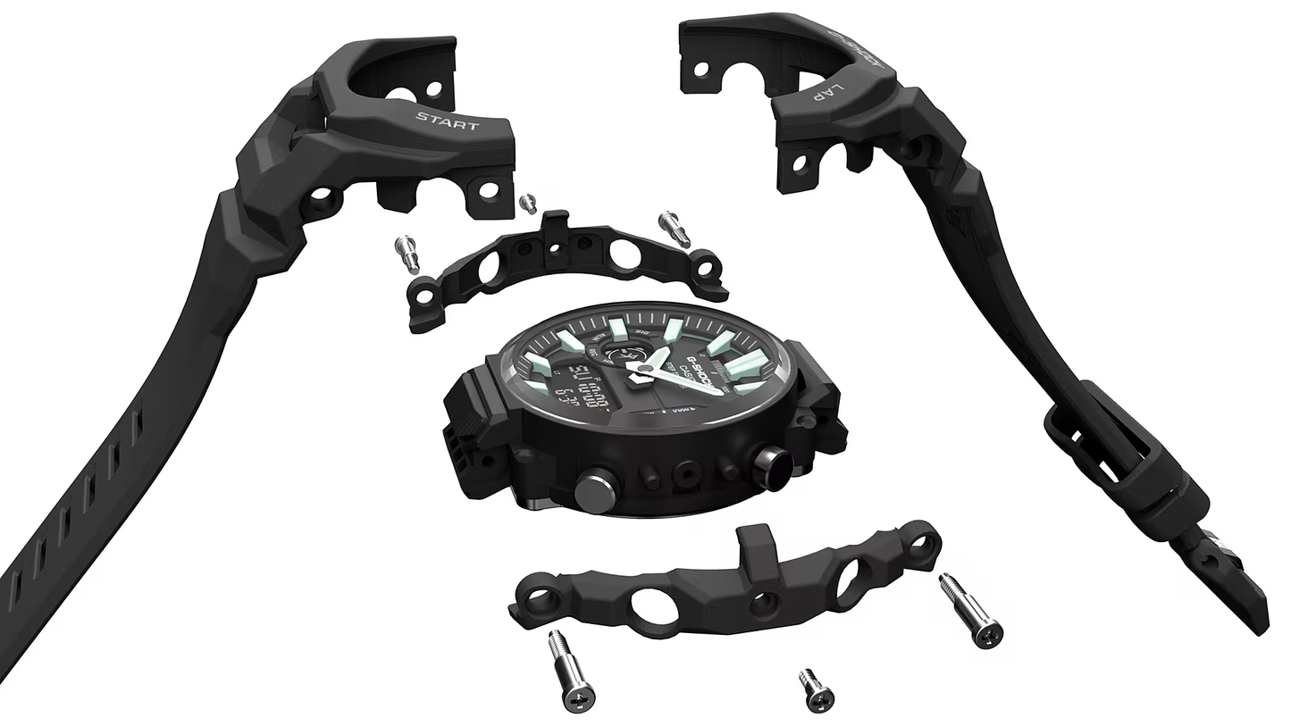 Black mechanical components on a white background