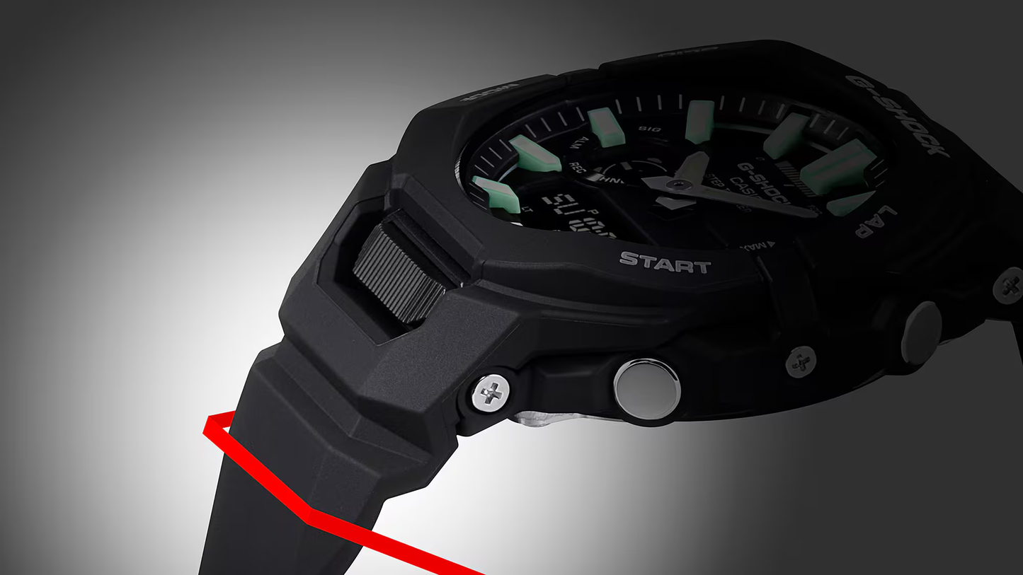 Black wristwatch with a red band on a gray background