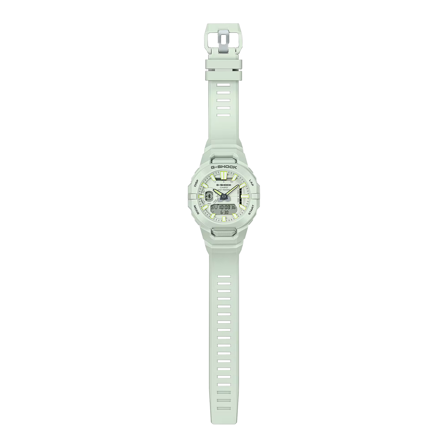Light green watch with a white strap on a white background