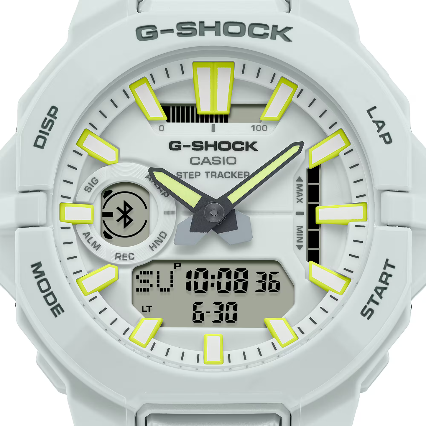 G-Shock watch with white and yellow accents on a white background