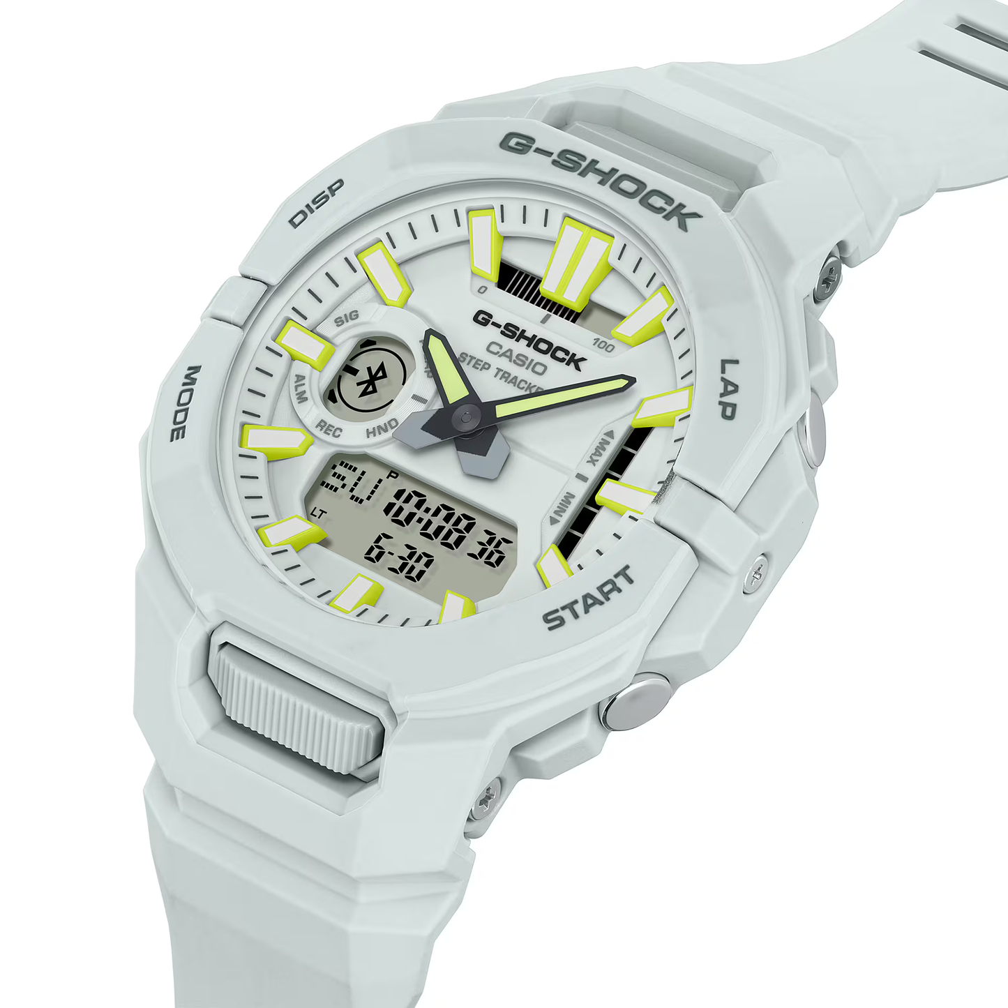White G-Shock watch with yellow accents on a white background