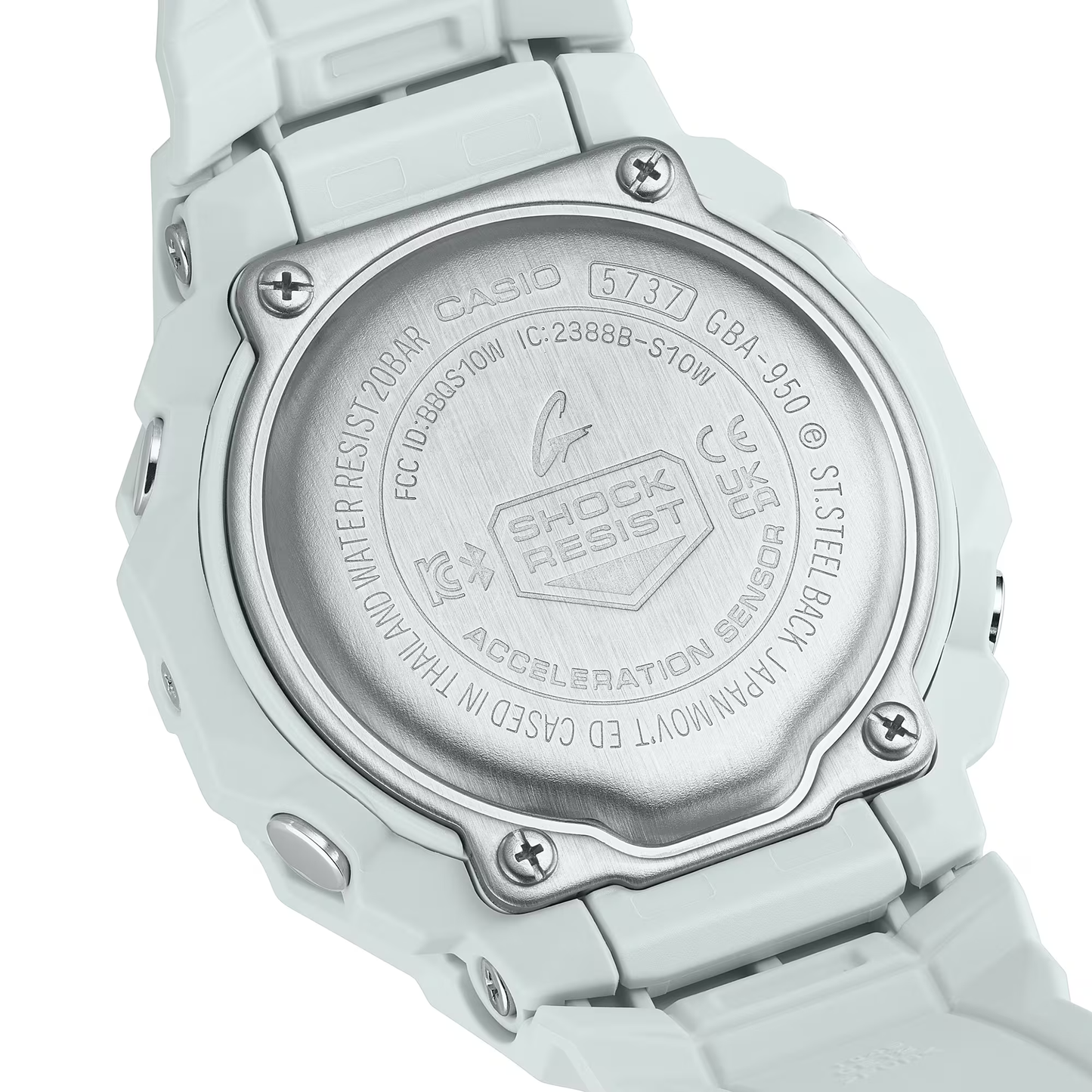 Close-up of a Casio watch with branding and model information on a white background