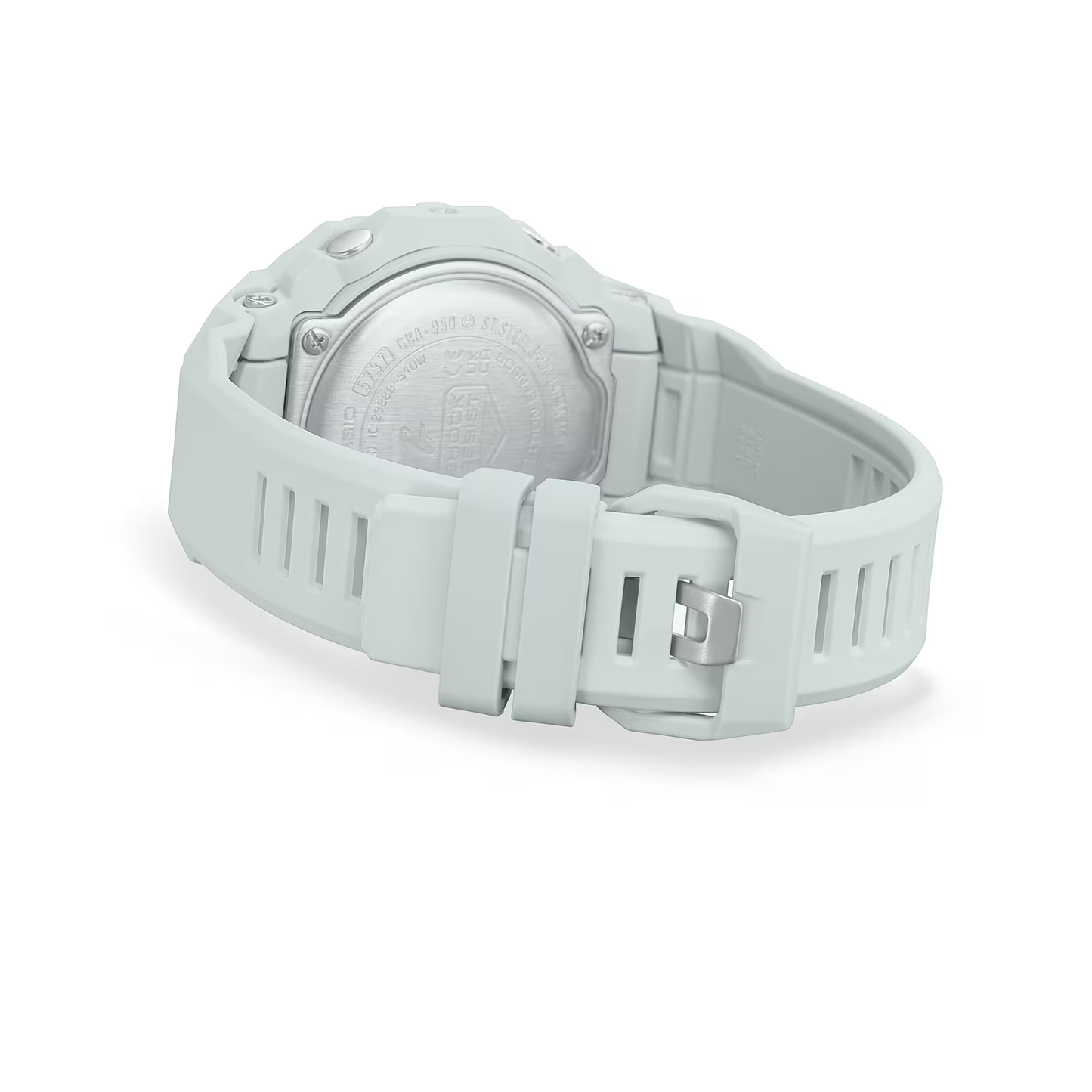 Light blue wristwatch with a white face on a white background