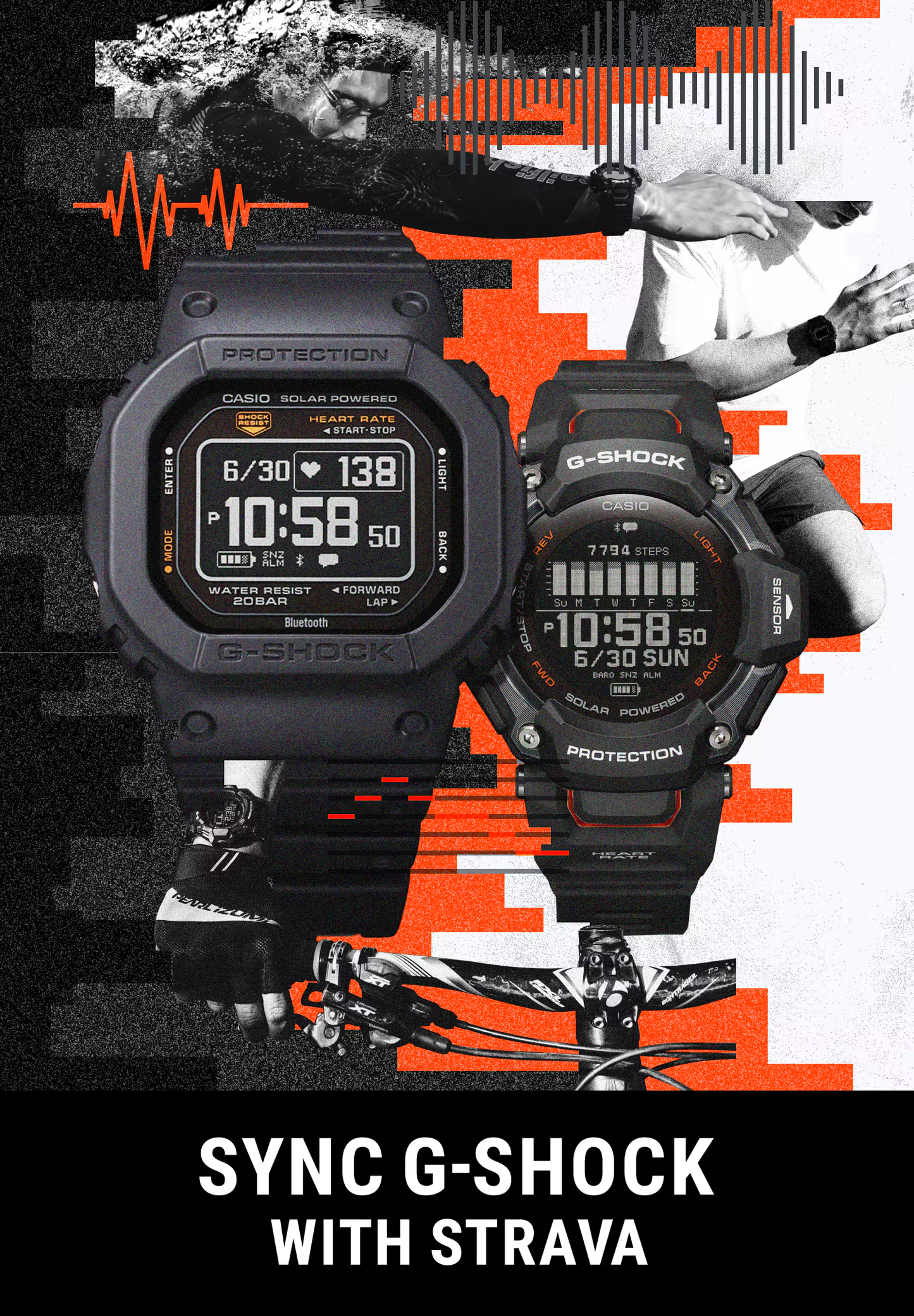 Two Casio G-Shock watches displayed with a dynamic background featuring a person running.