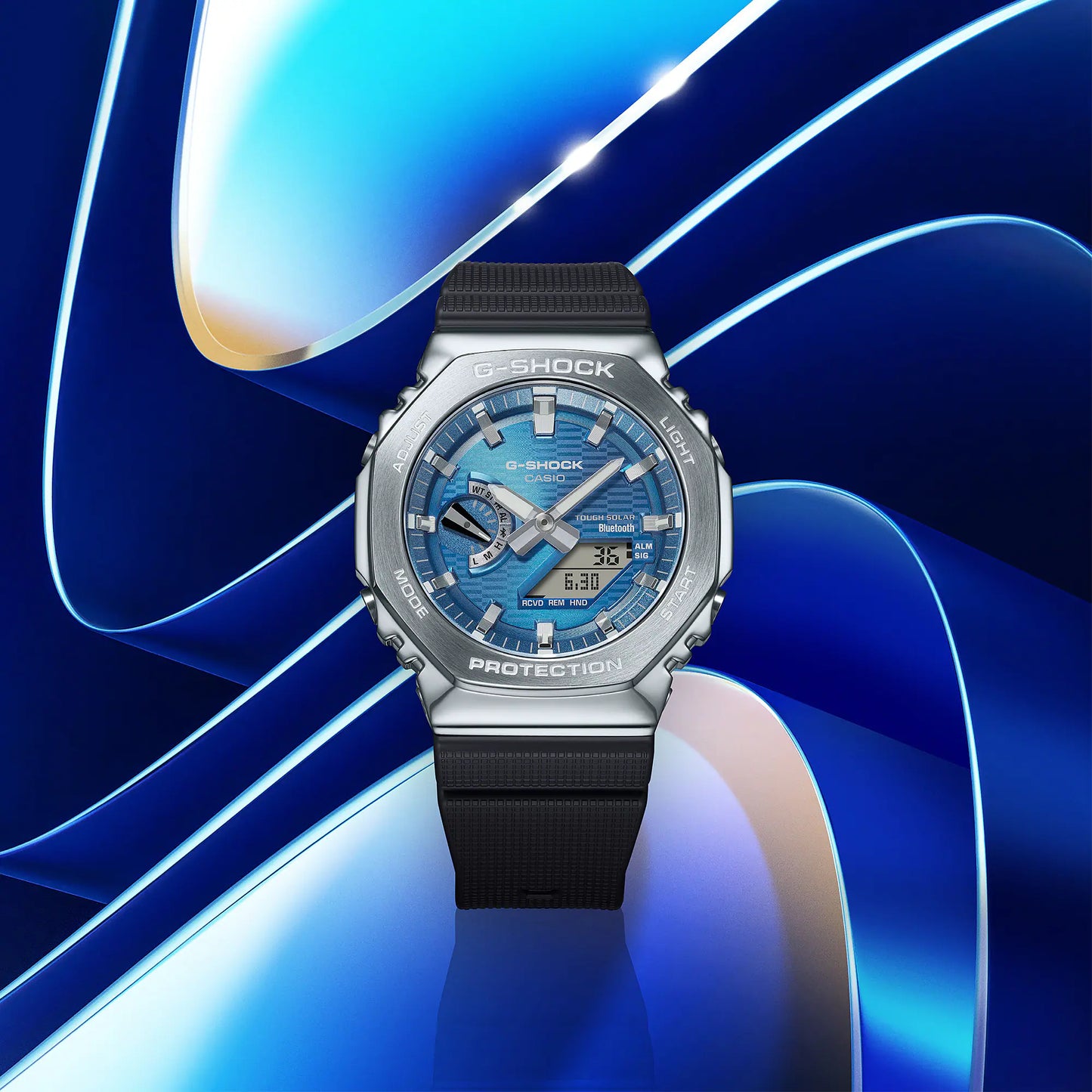 Casio G-Shock watch with blue face and black strap on a blue and white abstract background