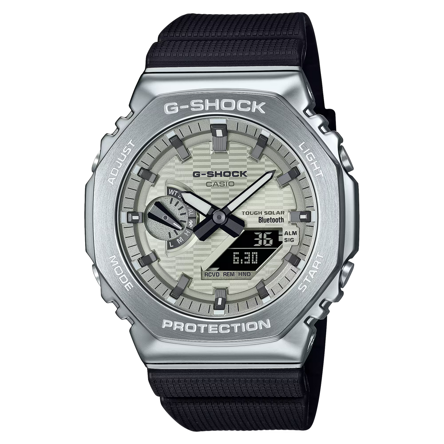 Casio G-STEEL GBM-2100A-8B men’s watch with stainless steel bezel, light yellow-gold dial, black index markers, bio-based resin case and band, Tough Solar power, Bluetooth Smartphone Link, 200m water resistance, and double LED Super Illuminator.”