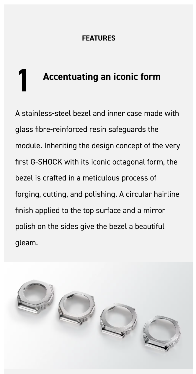 Text description of a stainless-steel bezel with an octagonal form on a white background