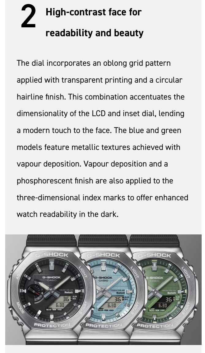 Text description of watch face design with Casio G-Shock watches displayed.