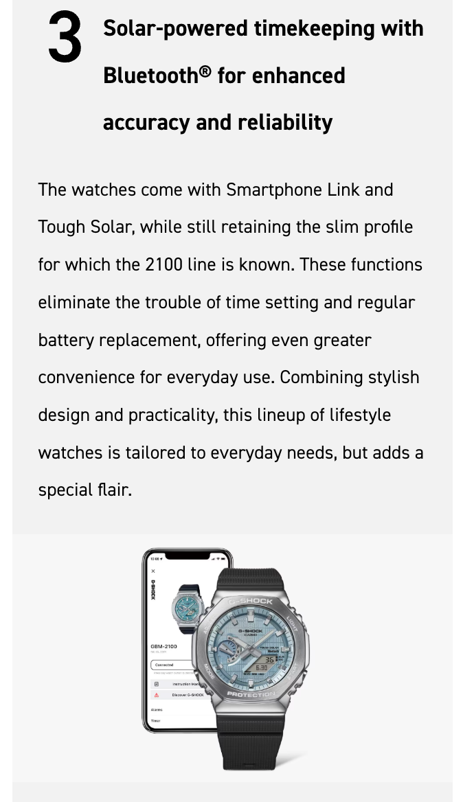 Text describing solar-powered timekeeping with Bluetooth for watches, featuring a watch and smartphone illustration.