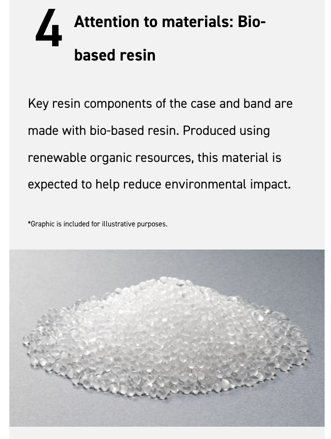 Bio-based resin on a gray background with text about its use in product cases and bands.